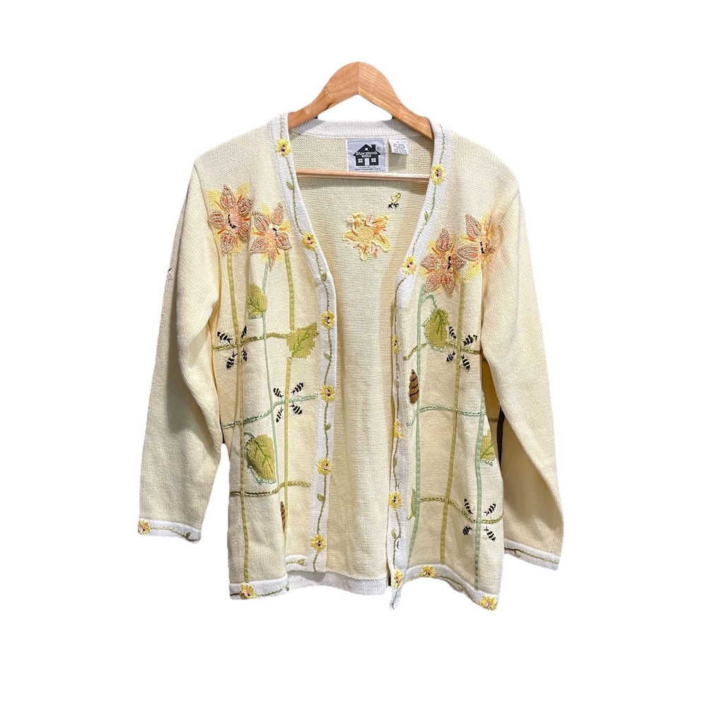 Storybook Knits Yellow Floral Bee Embroidery Women's Cardigan Sweater Size Small